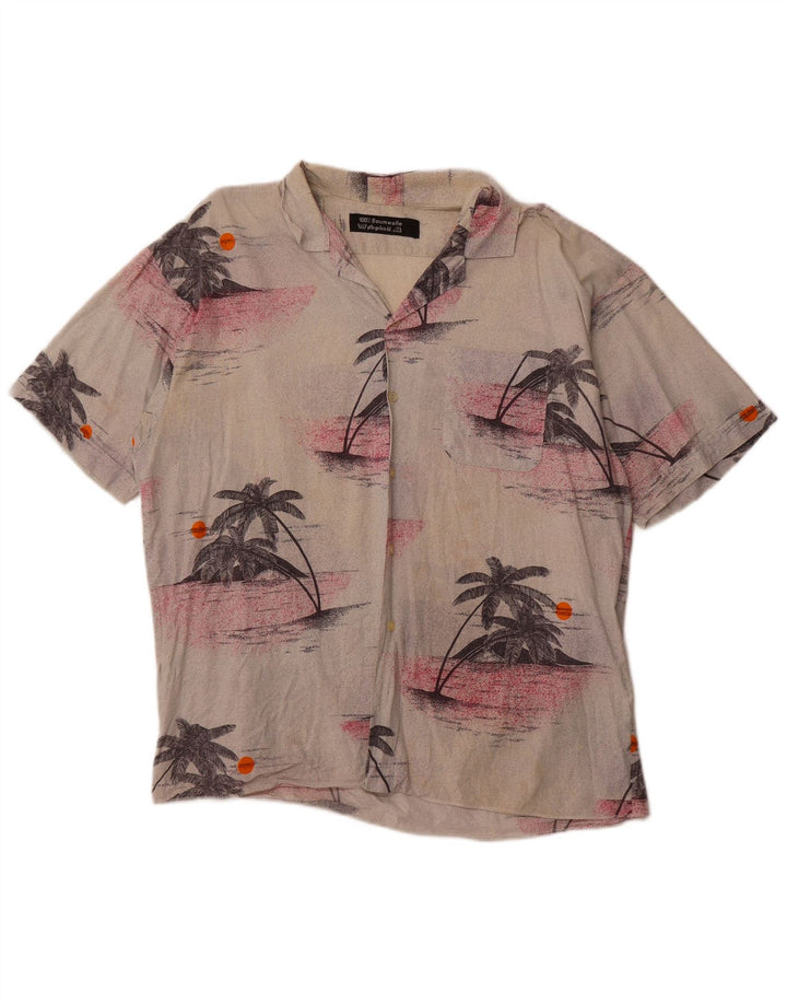 VINTAGE Hawaii-Kurzarmhemd für Herren, groß, beige, geblümte Baumwolle