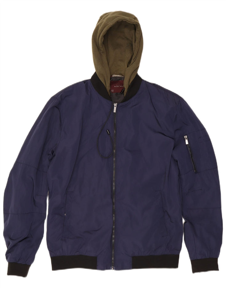 Zara Herren-Bomberjacke mit Kapuze, UK 40, groß, marineblau, Farbblock-Polyester