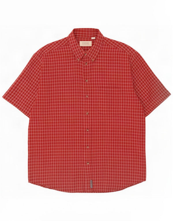 Vintage Mens Short Sleeve Shirt Size 16 1/2 Large Red Check Cotton