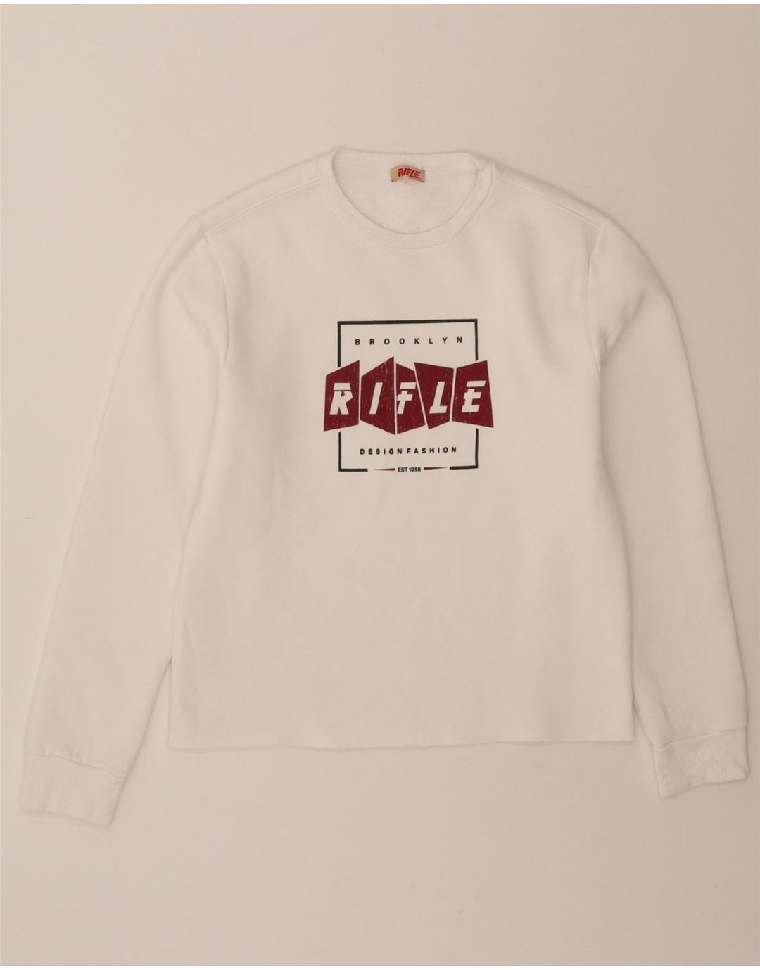 RIFLE Mens Graphic Sweatshirt Jumper Large White Cotton Vintage Rifle and Second-Hand Rifle from Messina Hembry 