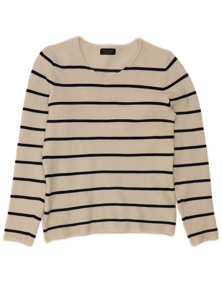Zara Herren-Pullover mit V-Ausschnitt, klein, weiß gestreift