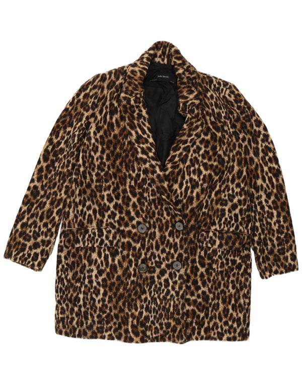 Zweireihiger Damenmantel von Zara, Größe 46, groß, braun, Baumwolle mit Animal-Print