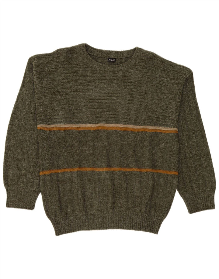 Rodes Herren-Pullover mit Rundhalsausschnitt, IT 50, mittelgrün, gestreift, Acryl