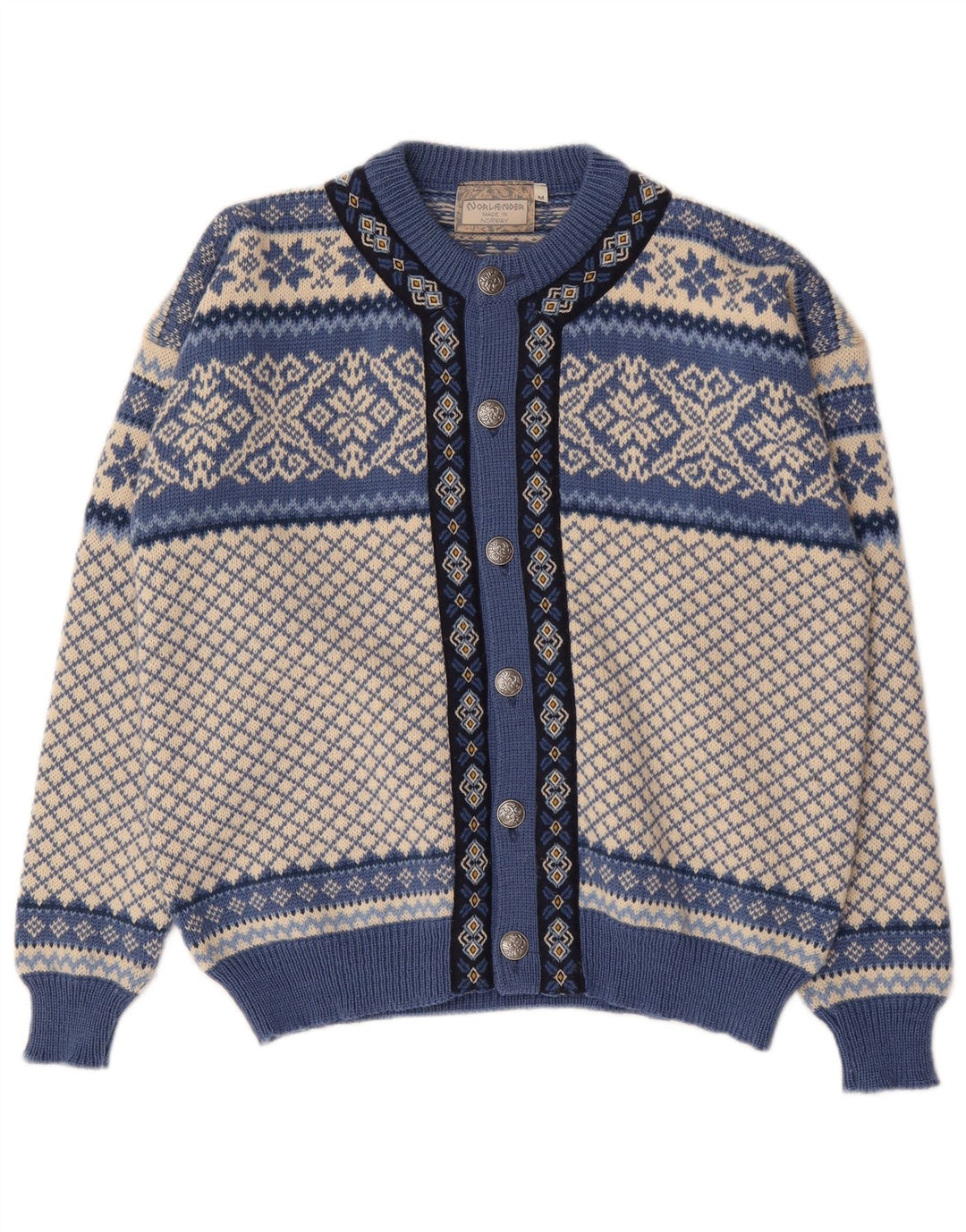Vintage Herren Cardigan Pullover Mittelblau Fair Isle