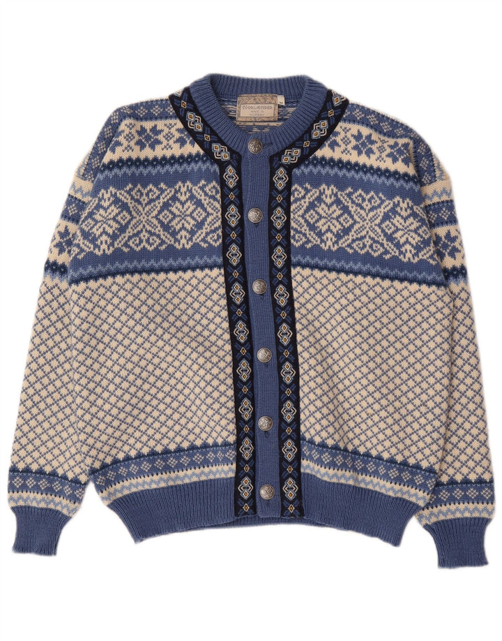 Vintage Herren Cardigan Pullover Mittelblau Fair Isle