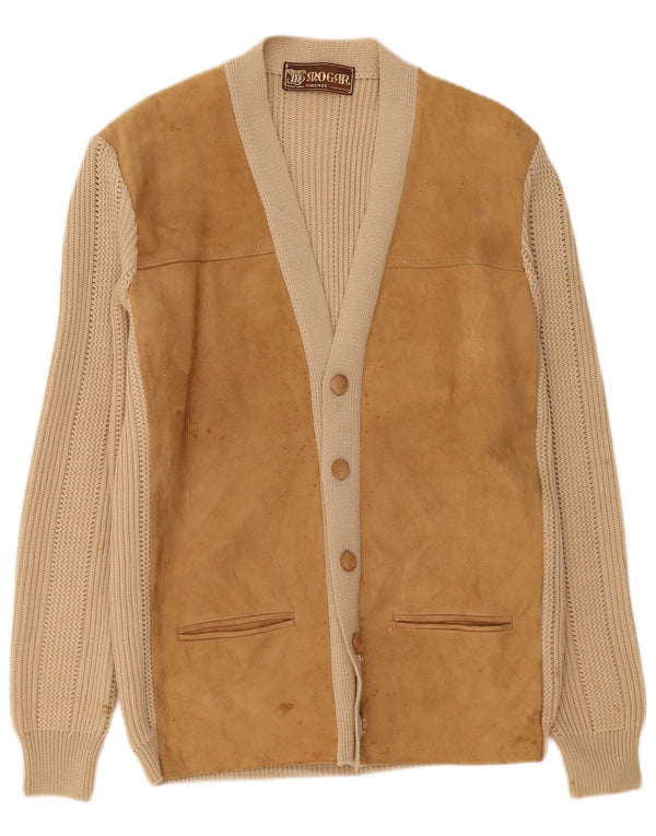 Vintage Herren Cardigan Pullover IT 50 Medium Beige Leder