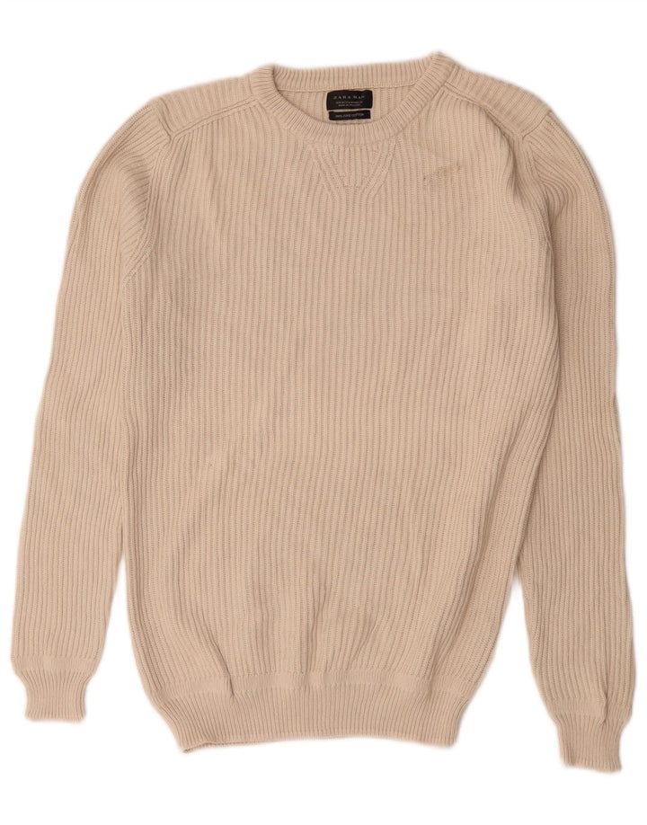 Zara Herren-Pullover mit Rundhalsausschnitt, mittlere, cremefarbene Baumwolle