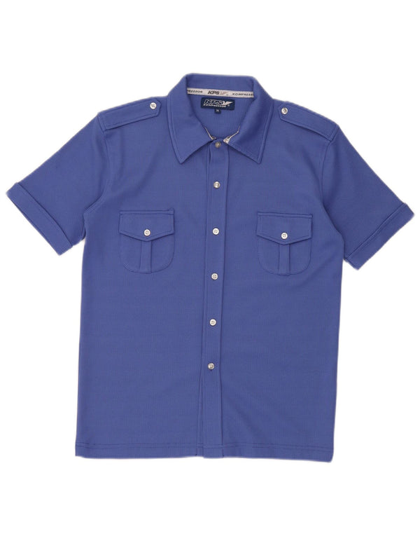 Vintage Mens Short Sleeve Military Shirt Medium Blue Polyester
