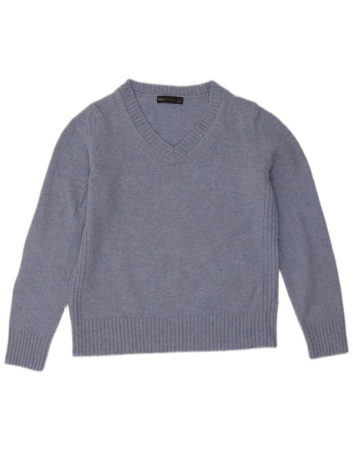 Marks & Spencer Damen-Pullover mit V-Ausschnitt, UK 12, mittelblaue Lammwolle