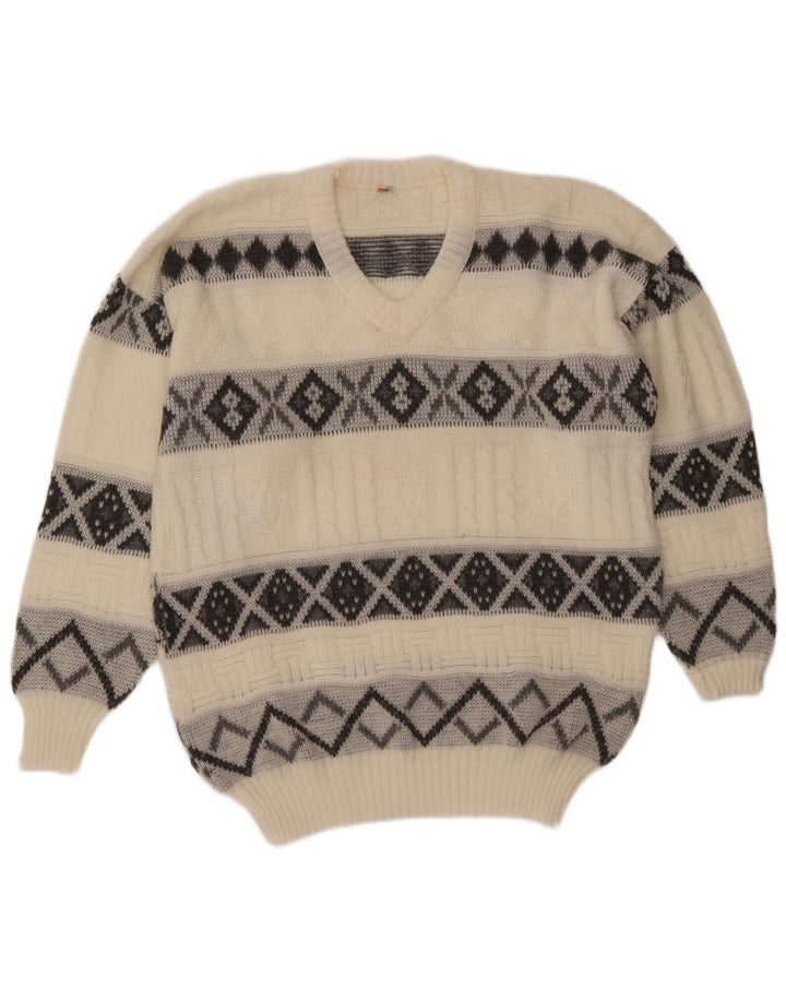 VINTAGE Herren-Pullover mit V-Ausschnitt, groß, Off-White, Fair Isle