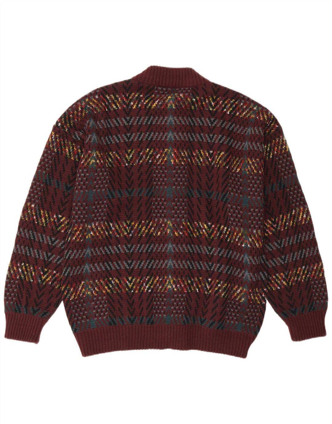 VINTAGE Herren Cardigan Pullover Großes Maroon Geometrisches Acryl