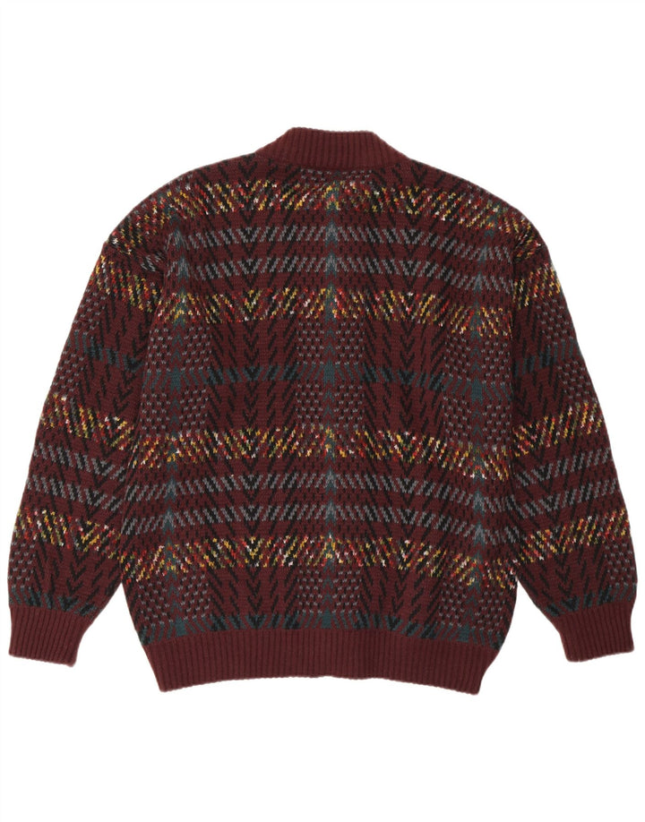 VINTAGE Herren Cardigan Pullover Großes Maroon Geometrisches Acryl