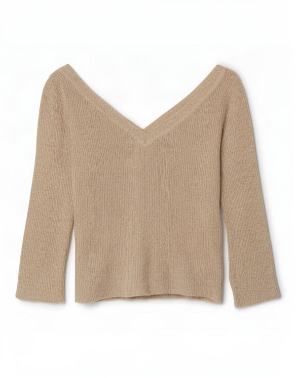 Zara Damen Crop 3/4-Ärmel-Pullover mit V-Ausschnitt, Gr. 14, Größe L, Beige gefleckt