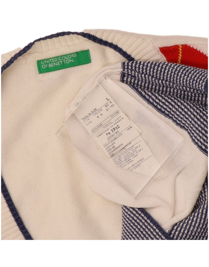 Benetton Damen-Pullover mit V-Ausschnitt, Gr. 40, Größe L, weiß, Argyle/Diamant