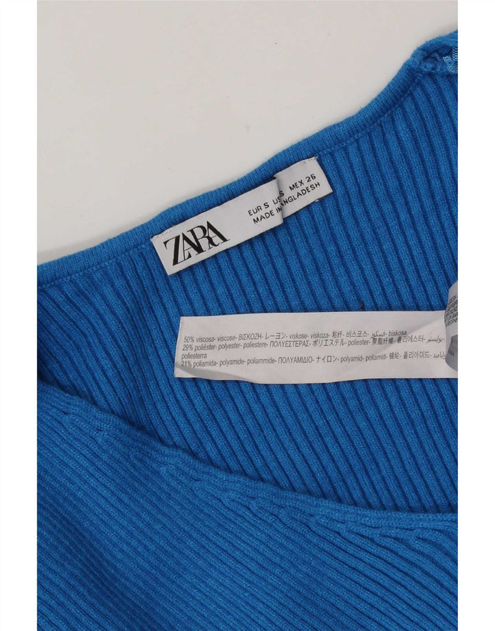 Zara Damen Langarm-Crop-Top UK 10 Small Blaue Viskose
