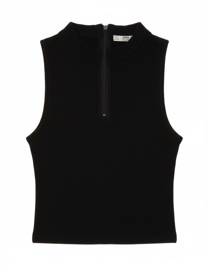 Zara Damen Ärmelloses Crop Top UK 8 Small Schwarze Viskose