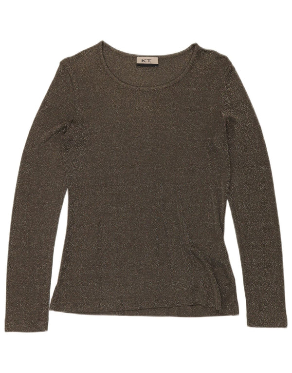 VINTAGE Damen Top Langarm UK 12 Mittelgrün meliert Viskose