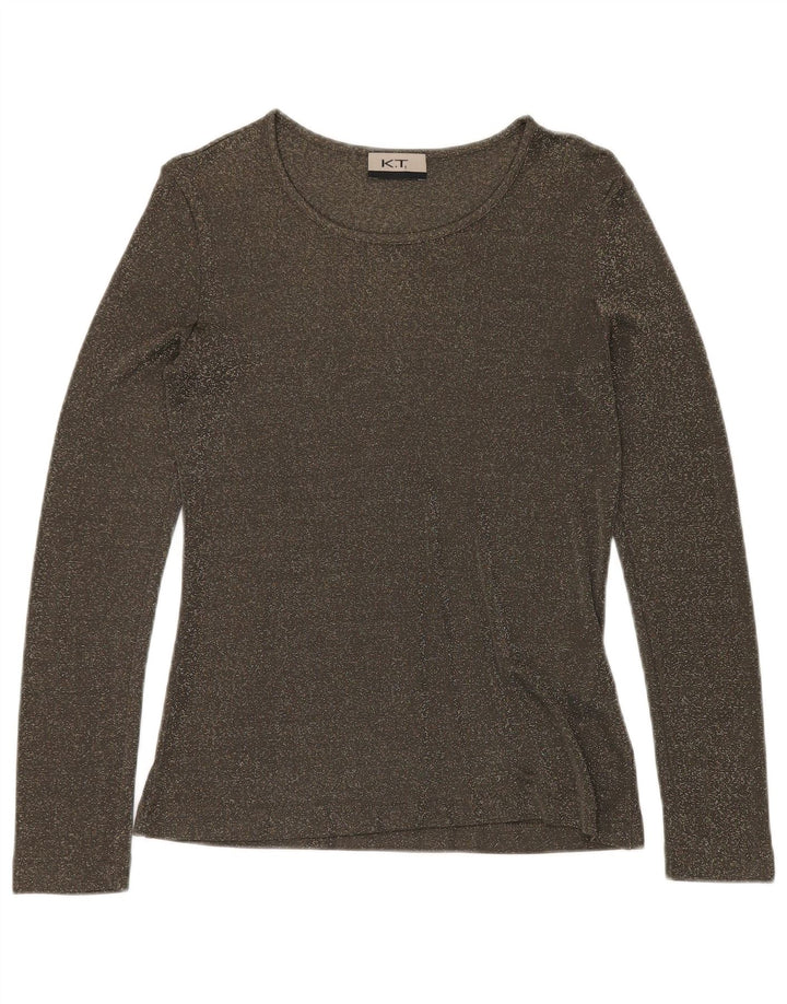 VINTAGE Damen Top Langarm UK 12 Mittelgrün meliert Viskose