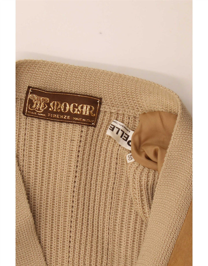 Vintage Herren Cardigan Pullover IT 50 Medium Beige Leder