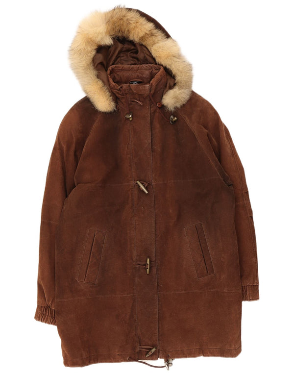Vintage Damen Wildledermantel mit Kapuze, UK 14, großes braunes Leder