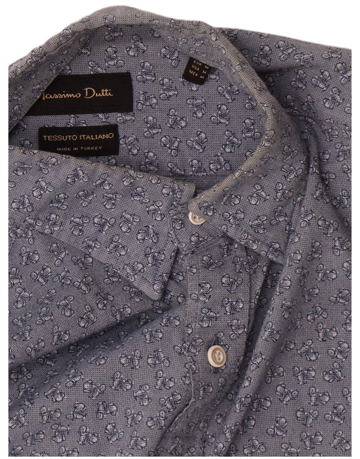 Massimo Dutti Herren-Hemd mit abstraktem Muster, mittelblaue Baumwolle mit Blumenmuster