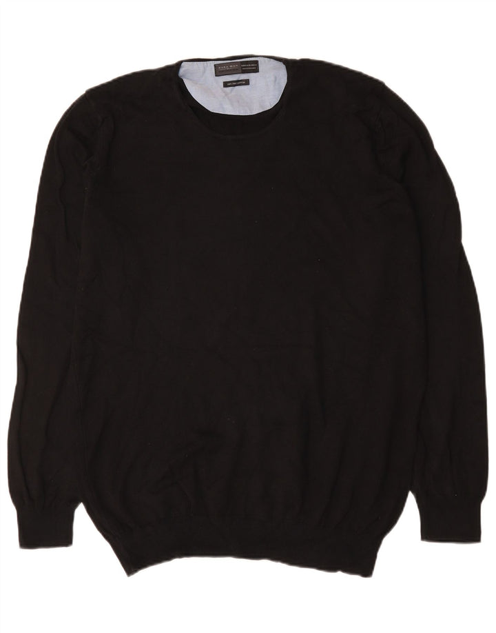 Zara Herren-Pullover mit Rundhalsausschnitt, XL, schwarze Baumwolle