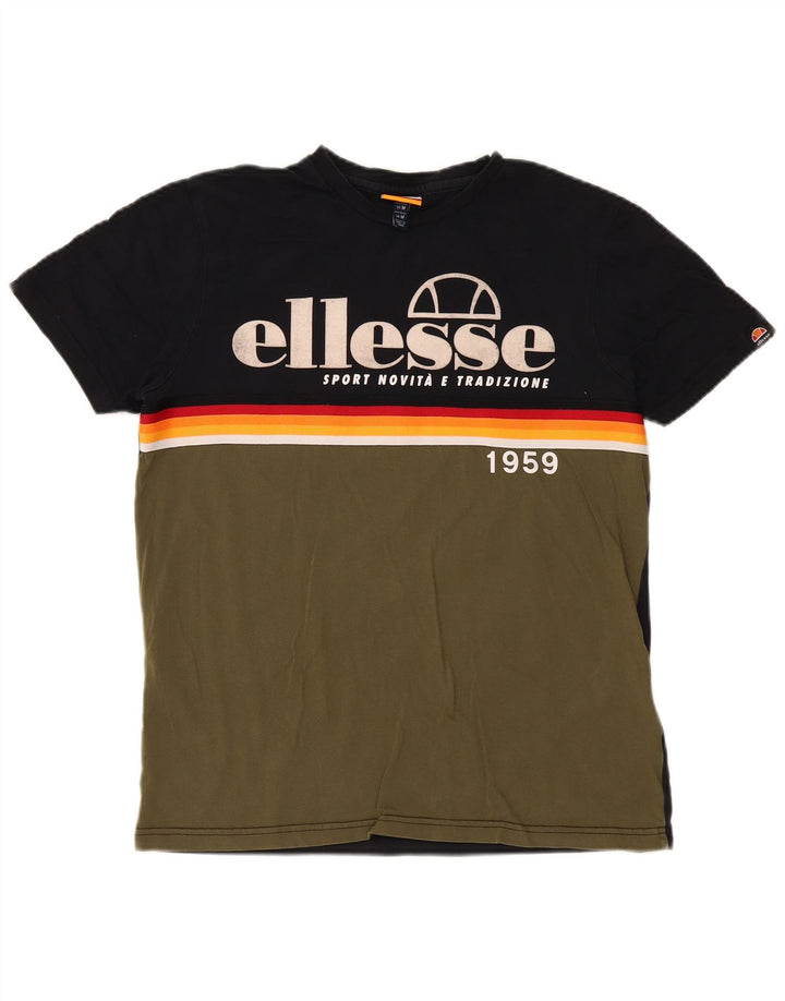 Ellesse Herren-Grafik-T-Shirt-Oberteil aus mittlerer Khaki-Farbblock-Baumwolle