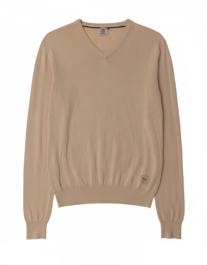RIFLE Mens V-Neck Jumper Sweater Medium Beige Cotton