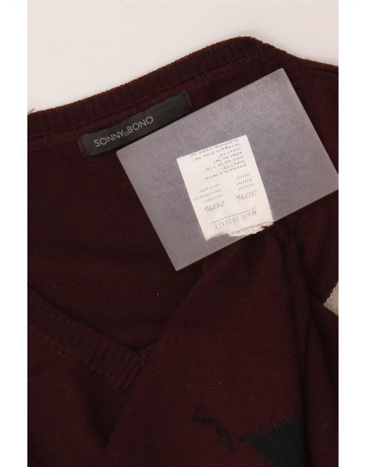 Sonny Bono Herren-Pullover mit V-Ausschnitt, mittleres Burgunderrot, Argyle-/Diamant-Wolle
