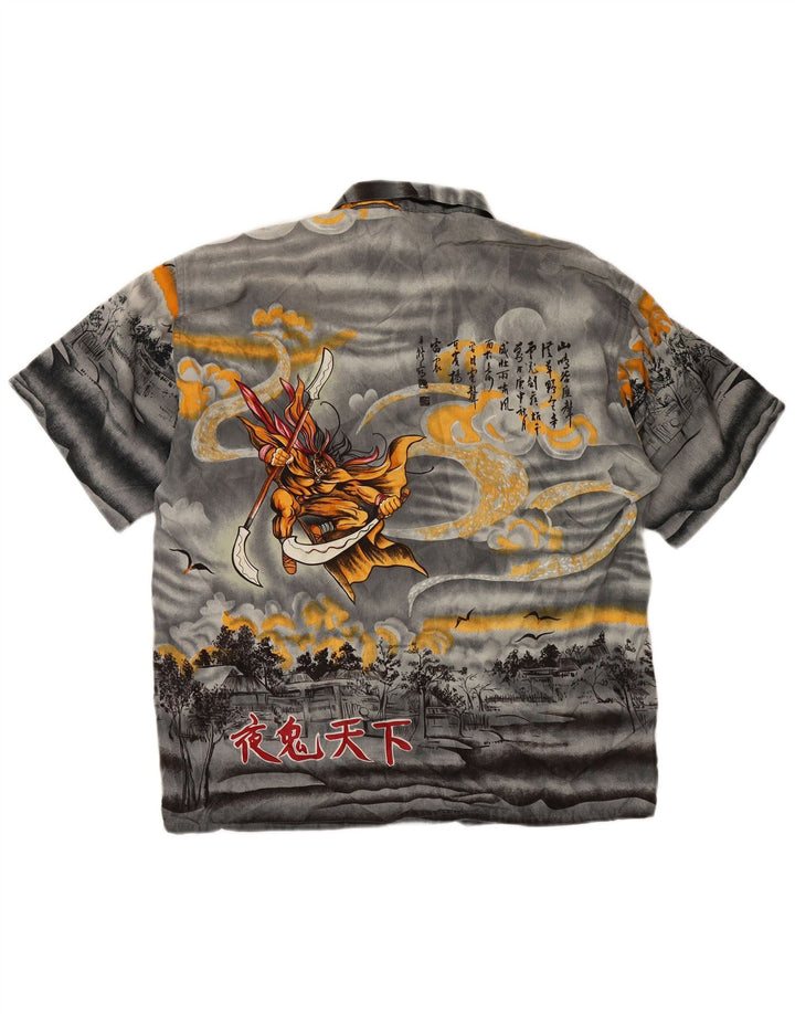 VINTAGE Herren-Grafik-Kurzarmhemd aus mittelgrauer Seide