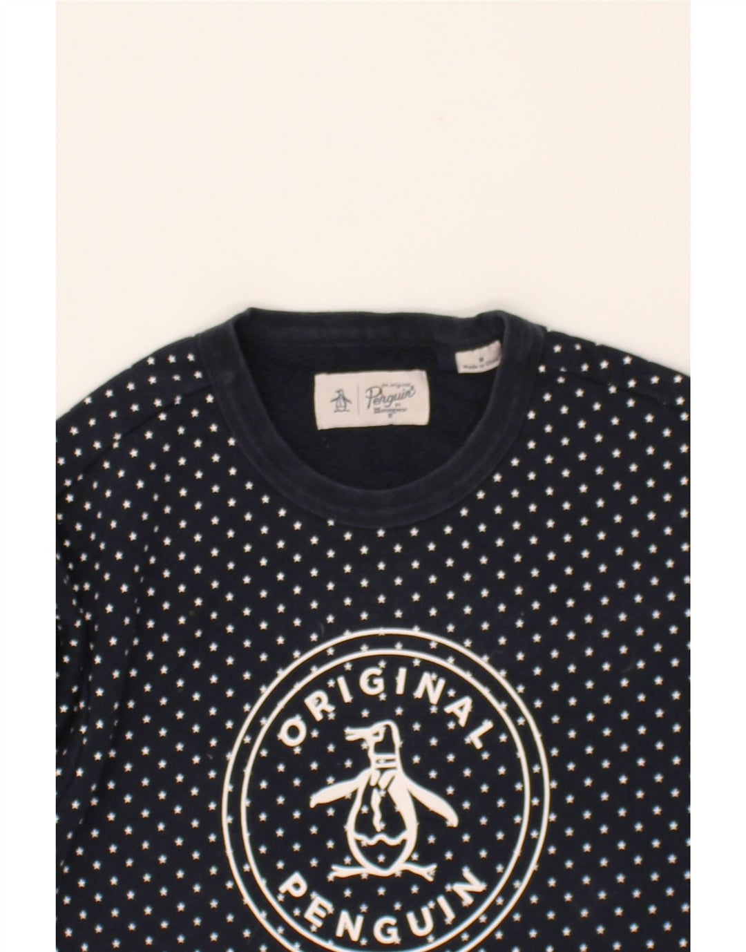 PENGUIN Womens Graphic Sweatshirt Jumper UK 14 Medium Navy Blue Polka Dot Vintage Penguin and Second-Hand Penguin from Messina Hembry 
