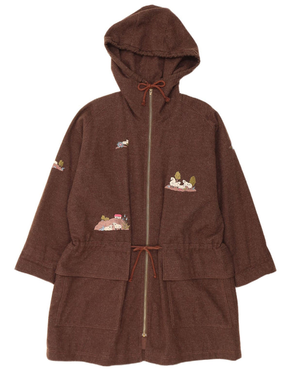Vintage Damen Parka-Jacke in Übergröße mit grafischer Kapuze, UK 10, kleine braune Wolle