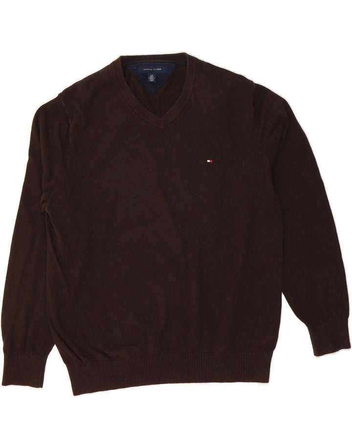 TOMMY HILFIGER Mens V-Neck Jumper Sweater Large Brown Cotton Vintage Tommy Hilfiger and Second-Hand Tommy Hilfiger from Messina Hembry 