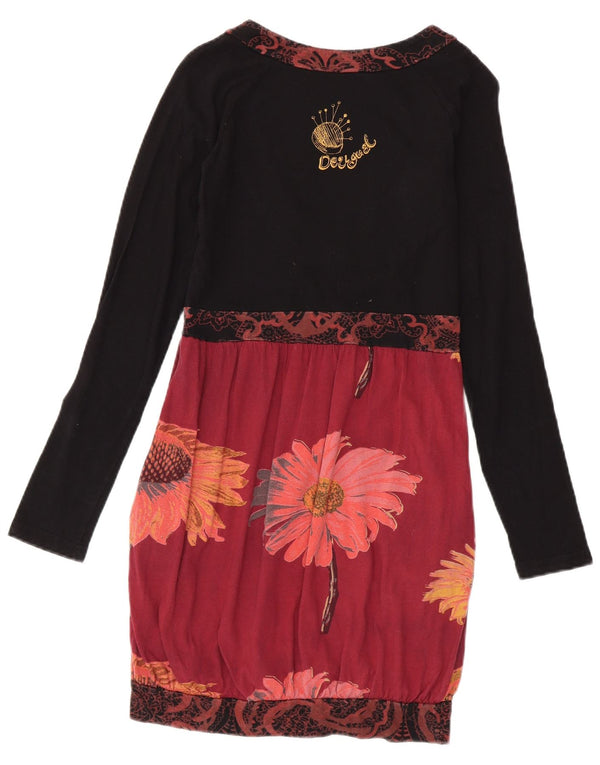 Desigual Damen Langarm-Empire-Kleid UK 12 Mittelschwarz geblümt