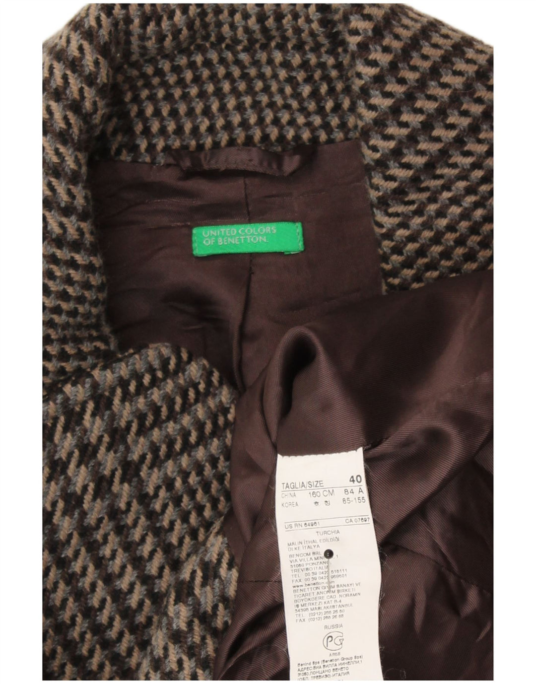 Benetton Damen-Blazerjacke mit Gürtel, IT 40, kleine braune Wolle mit Hahnentrittmuster