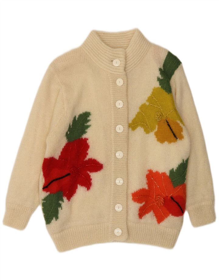 BIBO Damen-Cardigan-Pullover, Einheitsgröße, cremefarbene, geblümte Wolle