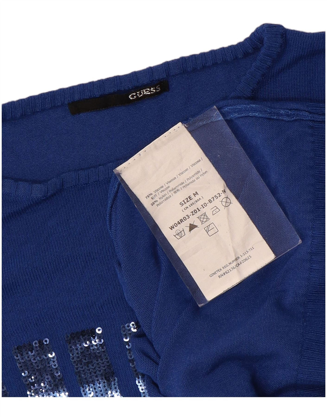 GUESS Damen Pullover mit grafischem U-Boot-Ausschnitt, UK 12, mittelblaue Viskose