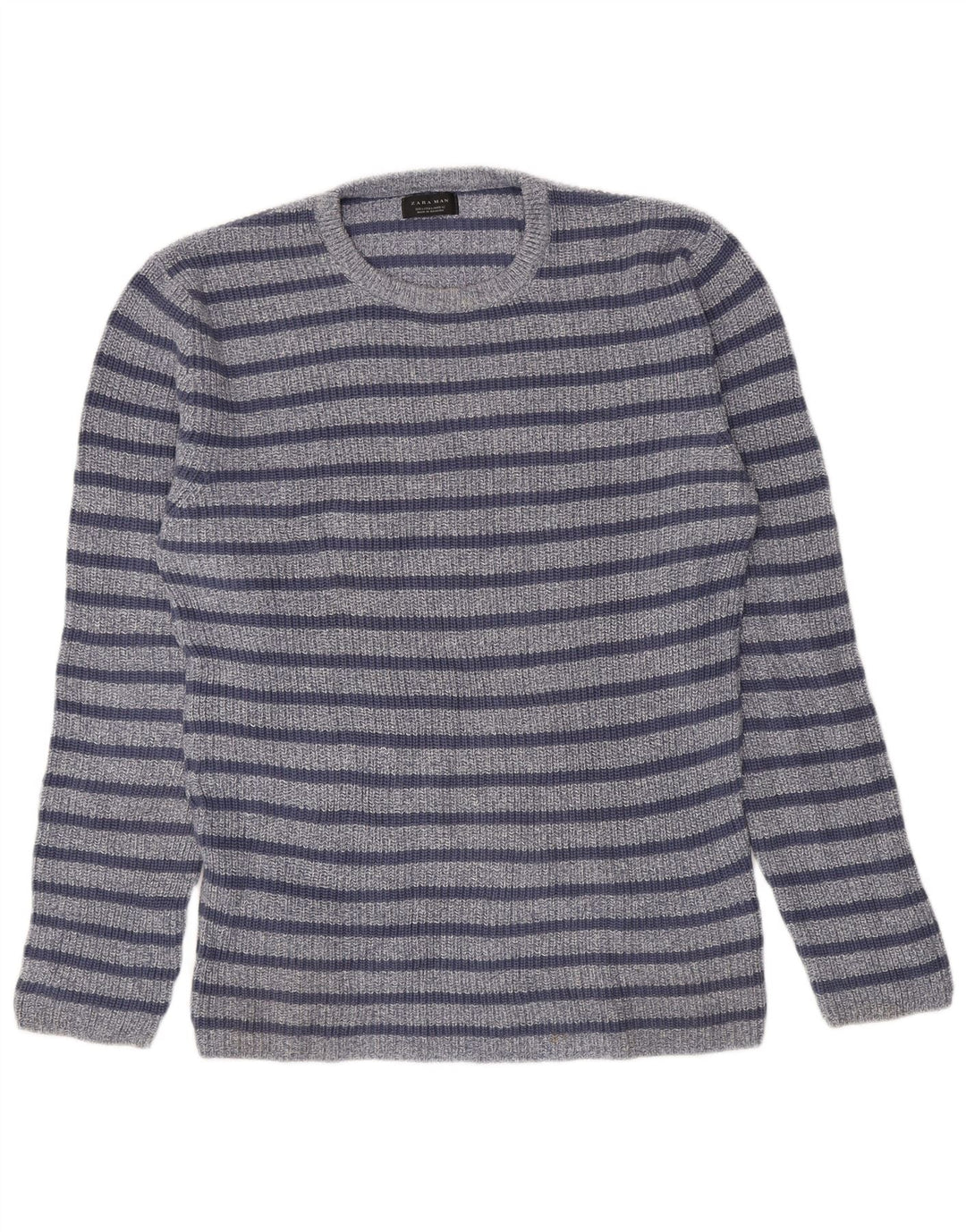 Zara Herren-Pullover mit Rundhalsausschnitt, groß, blau gestreift, Baumwolle