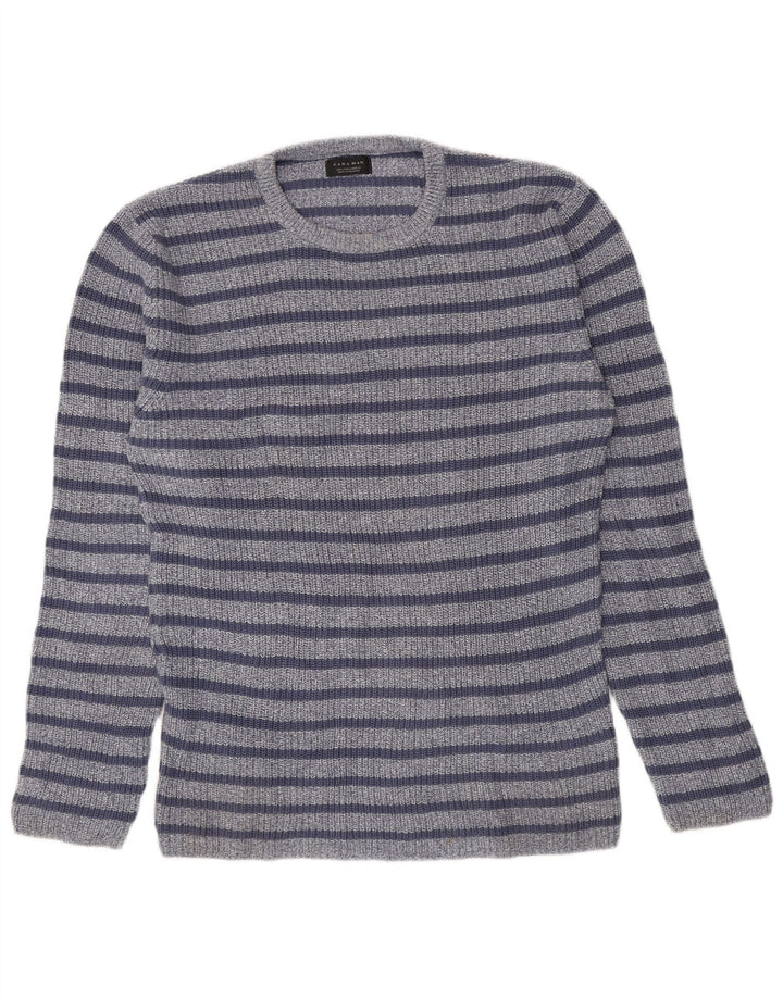 Zara Herren-Pullover mit Rundhalsausschnitt, groß, blau gestreift, Baumwolle