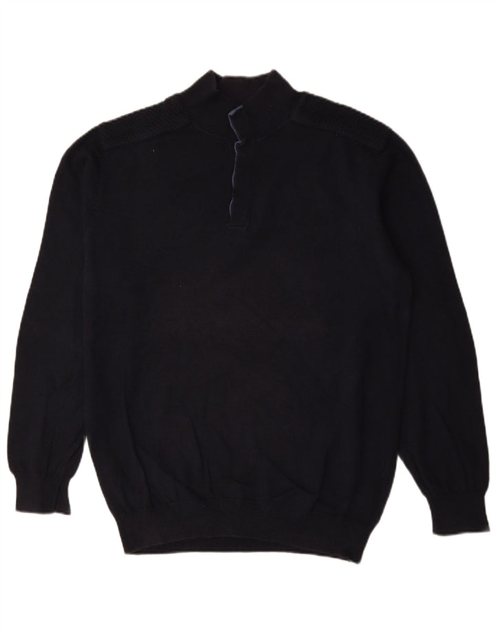 Massimo Dutti Herren-Pullover mit Knopfkragen, XL, marineblaue Baumwolle