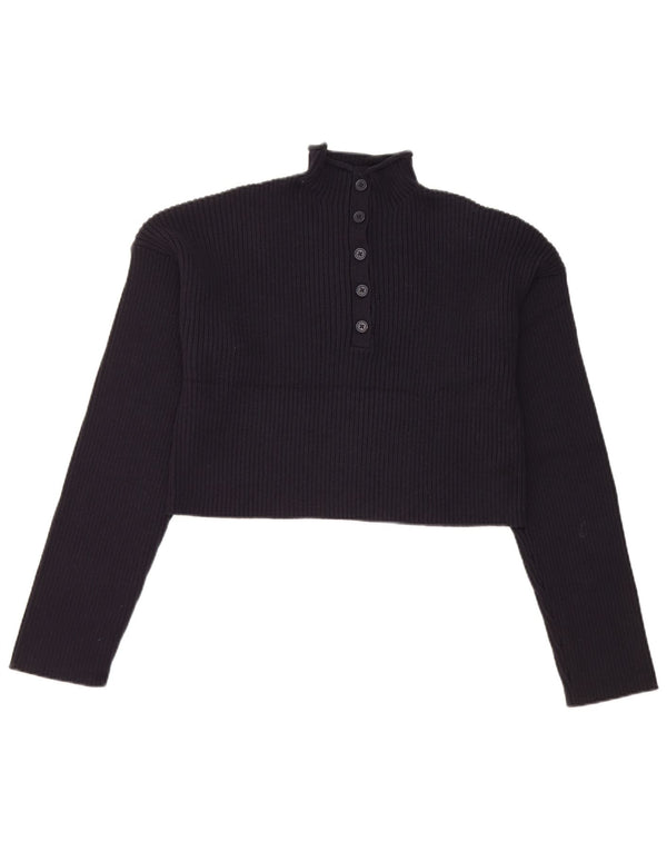 Zara Damen Crop Button Neck Pullover Pullover UK 14 Große Marineblaue Baumwolle