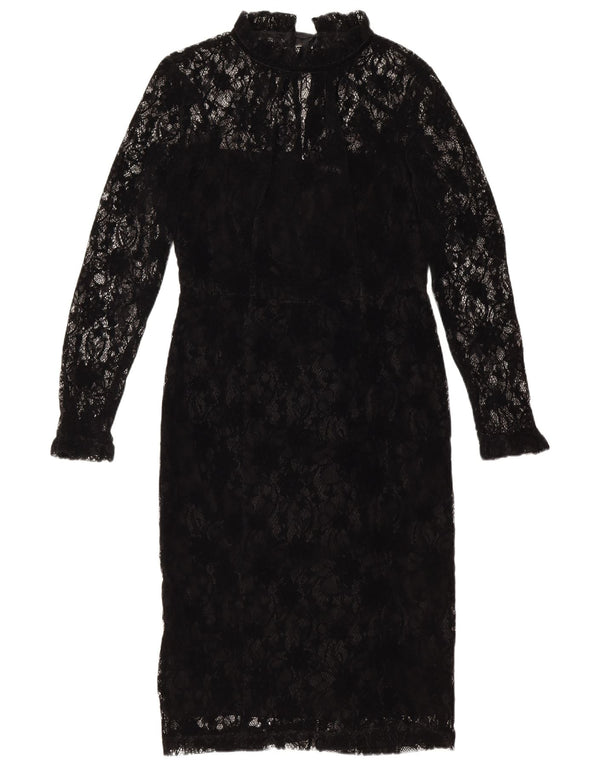 Marks & Spencer Damen-Etuikleid mit langen Ärmeln, Gr. 12, Mittelschwarz, geblümt