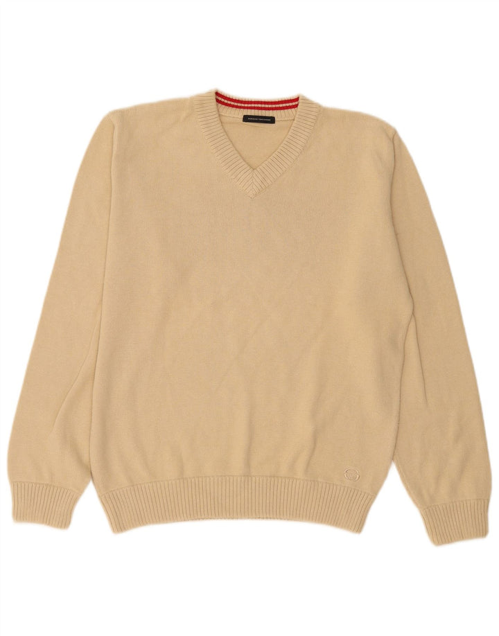 Sergio Tacchini Herren-Pullover mit V-Ausschnitt, Größe S, beige Baumwolle