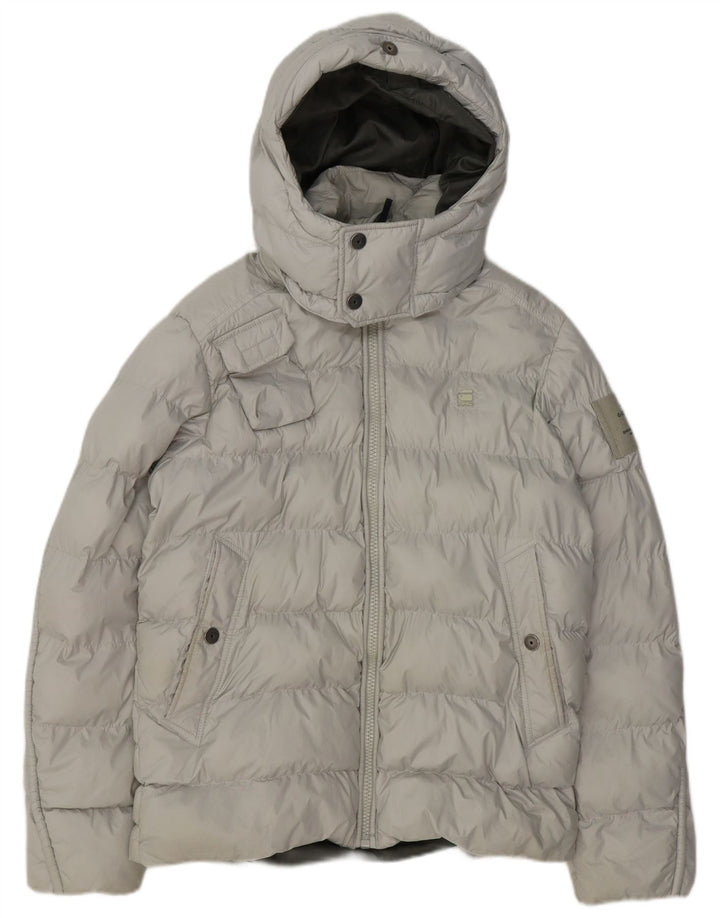 G-STAR Wattierte Herrenjacke mit Kapuze, UK 38, mittelgraues Polyester