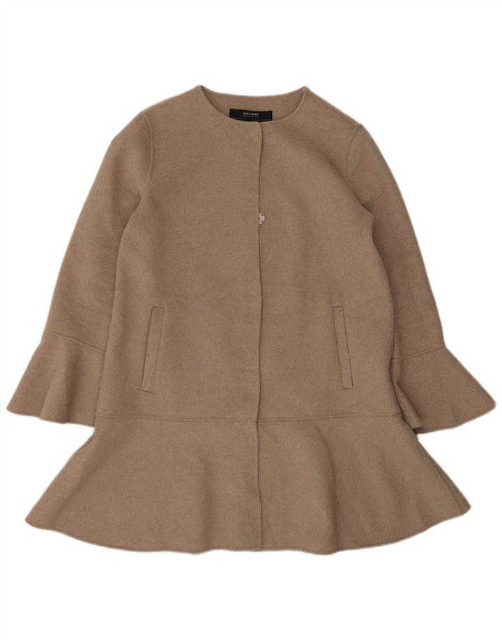 Handgefertigter Damenmantel von Zara, UK 14, mittelbeige Wolle