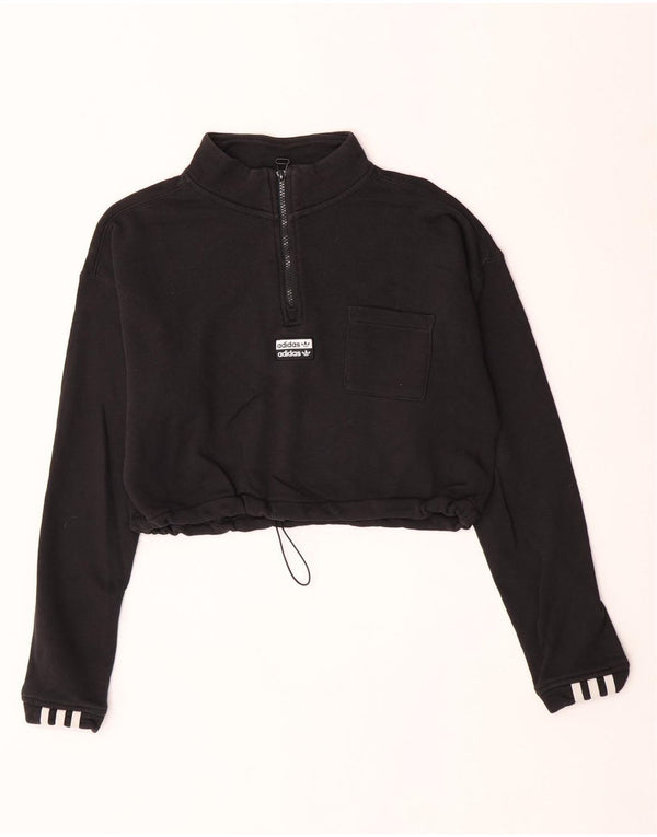 Adidas Damen Crop Zip Neck Sweatshirt Pullover UK 12 Medium Schwarz Baumwolle