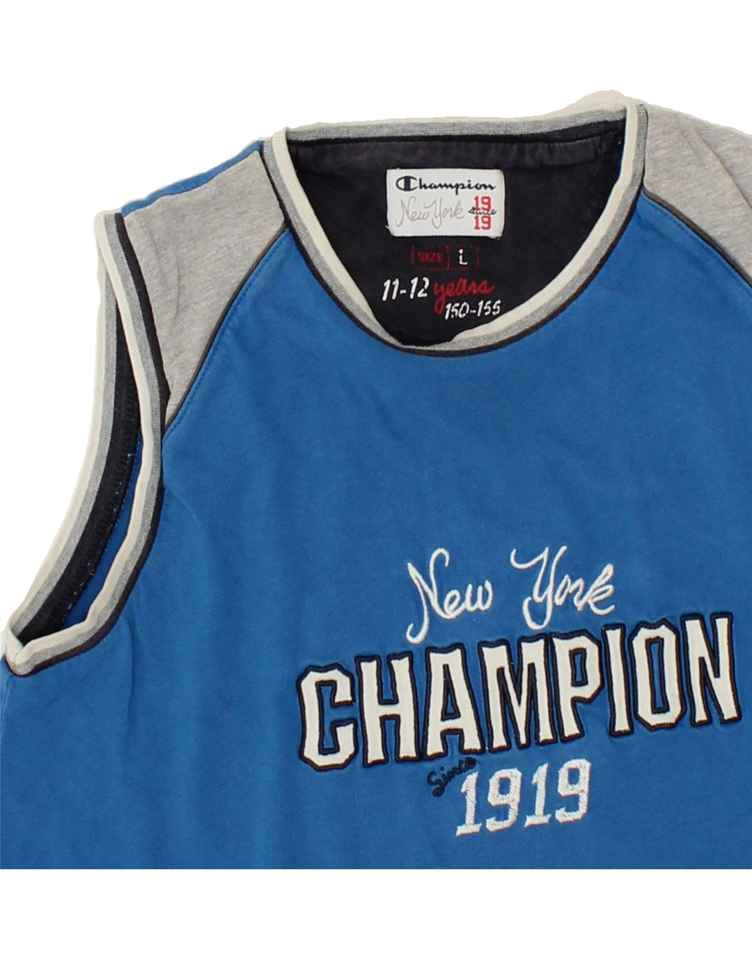 CHAMPION Boys Graphic Vest Top 11-12 Years Large  Blue Colourblock Vintage Champion and Second-Hand Champion from Messina Hembry 