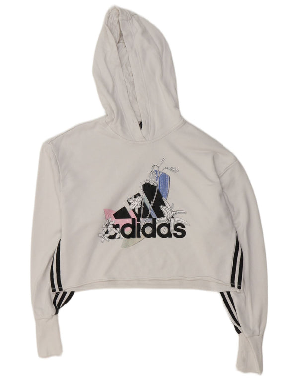 Adidas Damen Übergroßer Graphic Crop Hoodie Pullover UK 4/6 XS Weiße Baumwolle