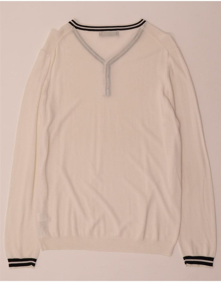 ZARA Mens V-Neck Jumper Sweater Large Off White Colourblock Viscose