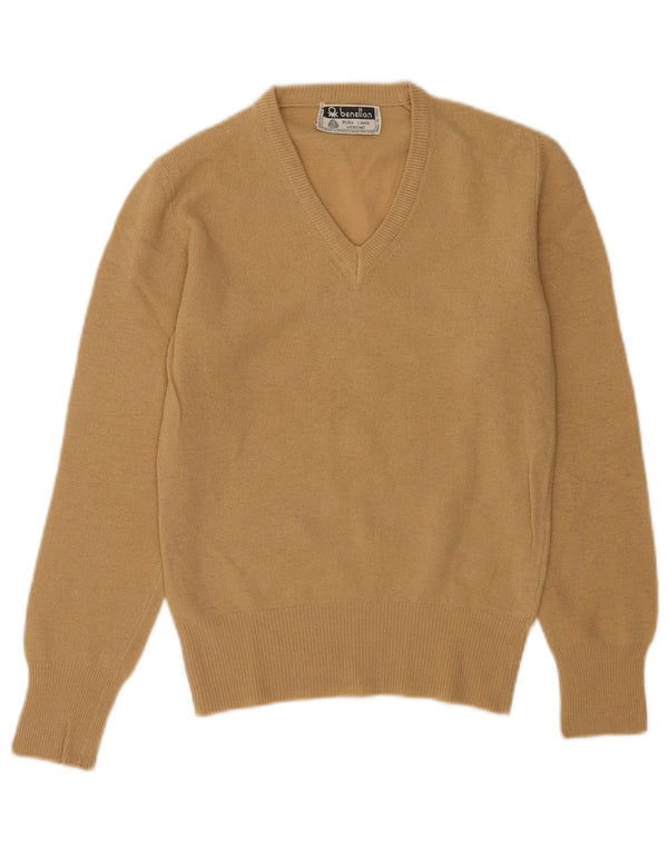 Benetton Damen-Pullover mit V-Ausschnitt, Gr. 10, kleine beige Wolle